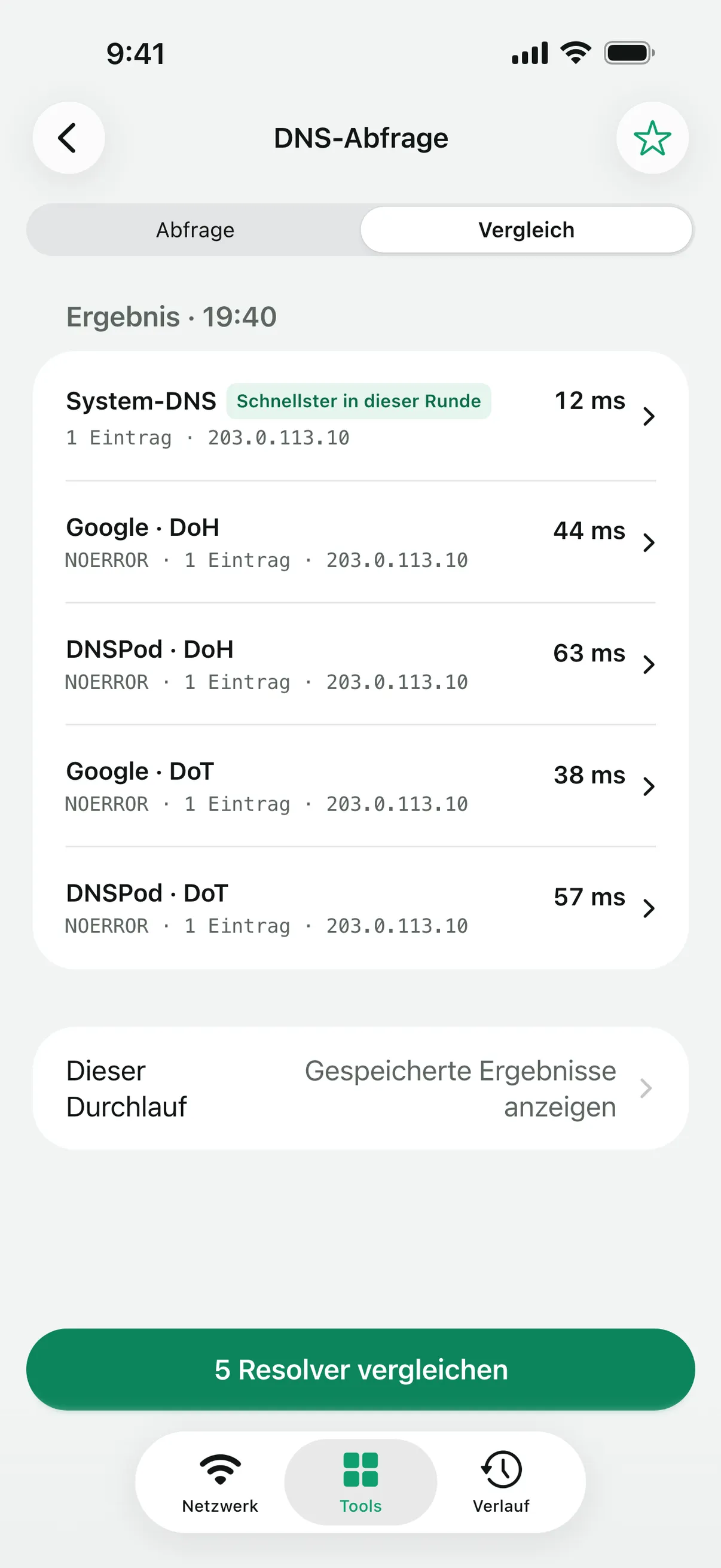 Die „DNS-Abfrage“ beim Vergleich von System-DNS mit Google und DNSPod über DoH und DoT