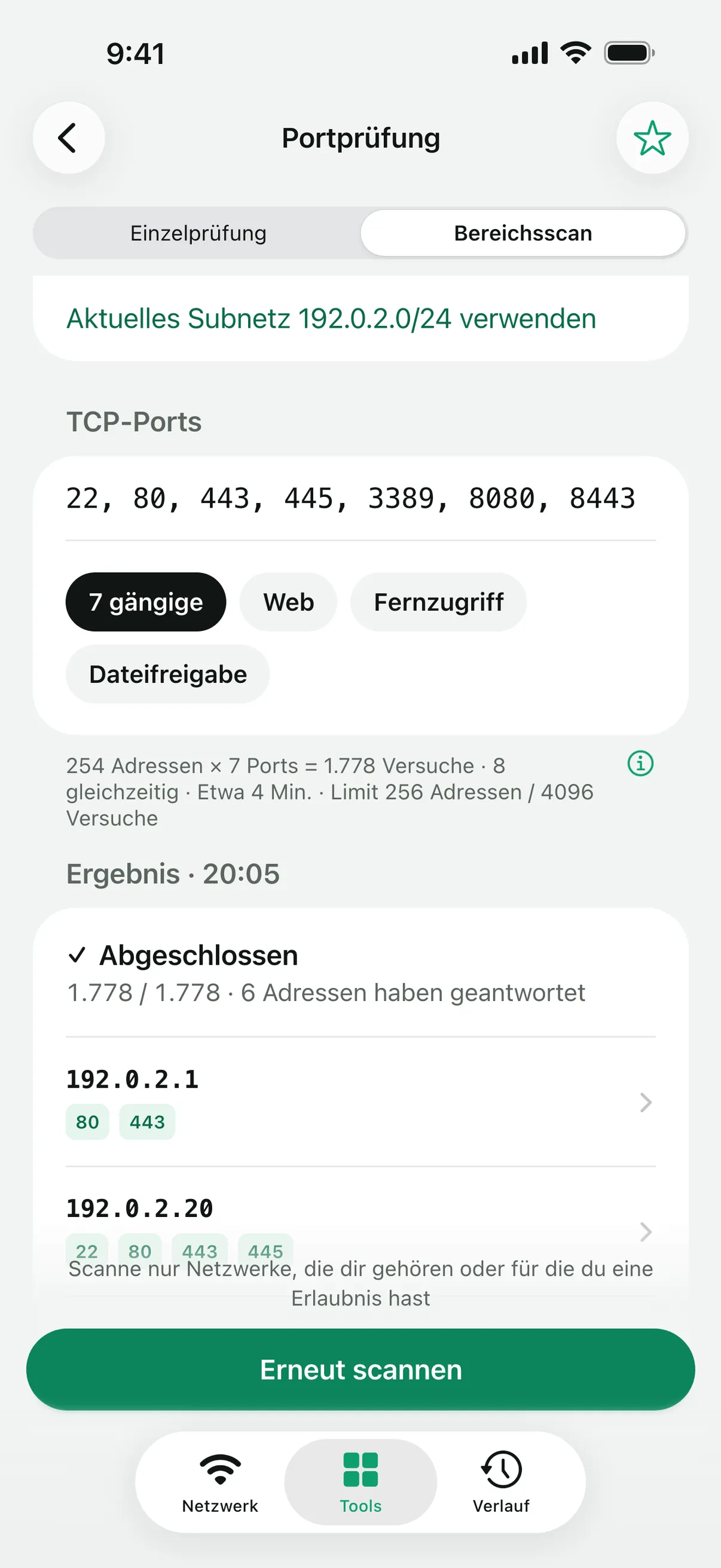 Ein abgeschlossener „Bereichsscan“ eines /24-Subnetzes mit sieben gängigen Ports