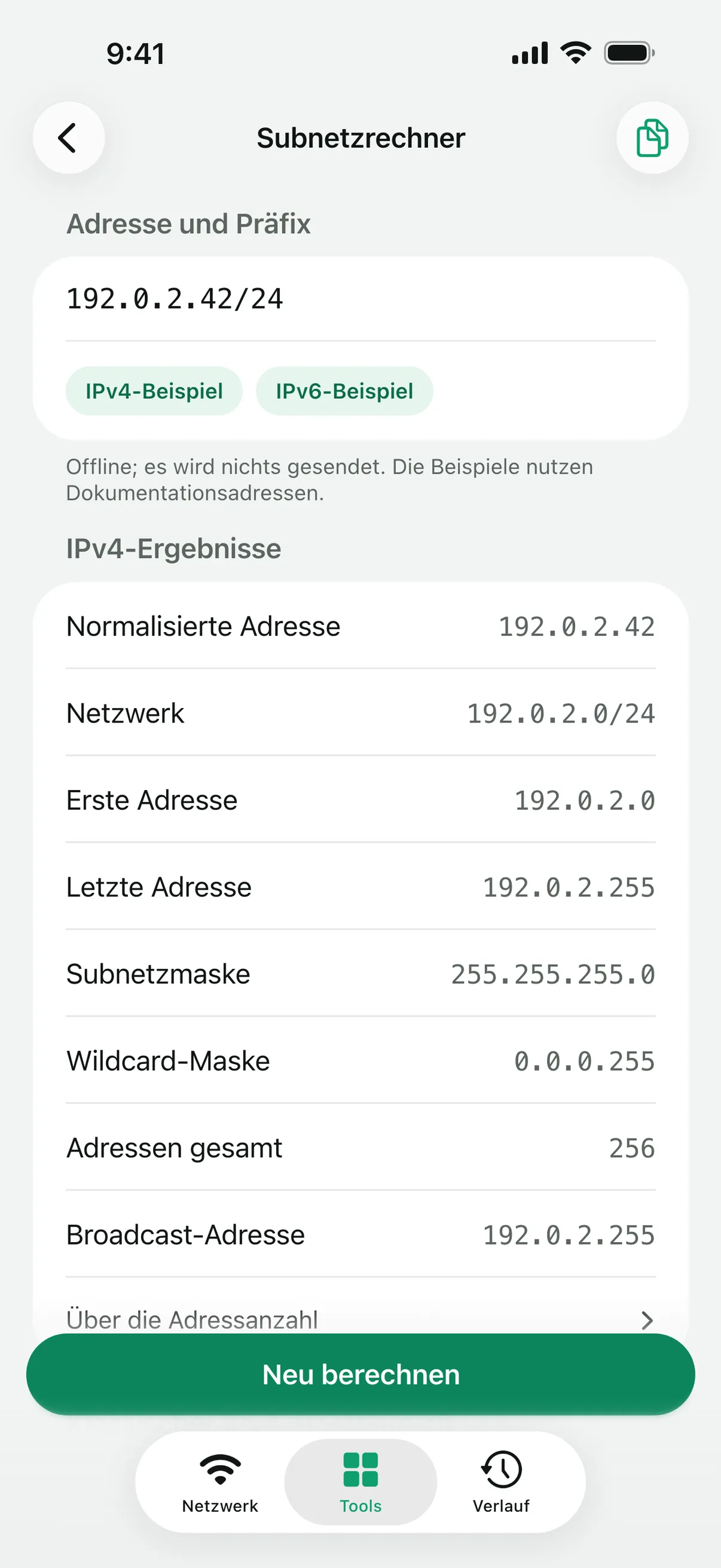 Ergebnisse im „Subnetzrechner“ für ein /24-IPv4-Netzwerk