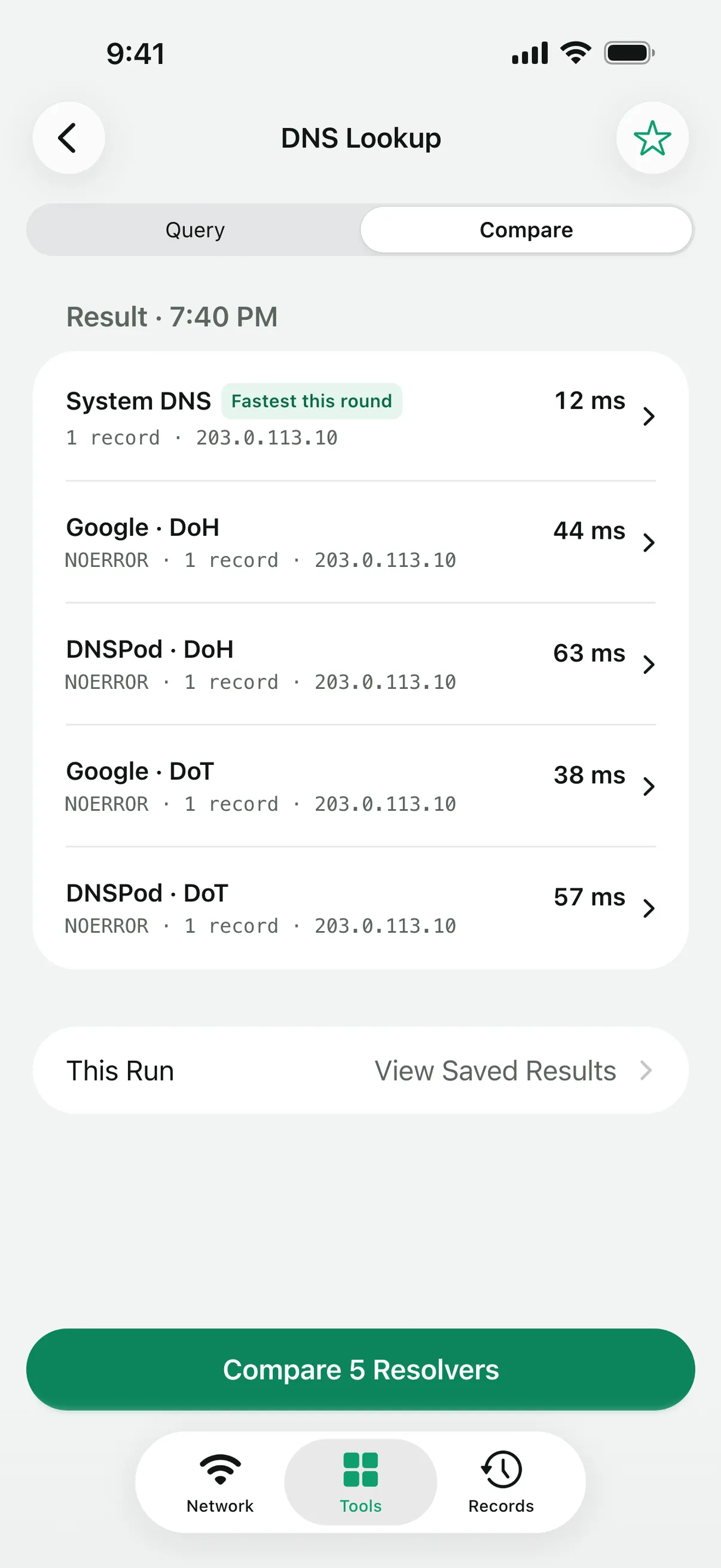 DNS Lookup comparing system DNS with Google and DNSPod over DoH and DoT