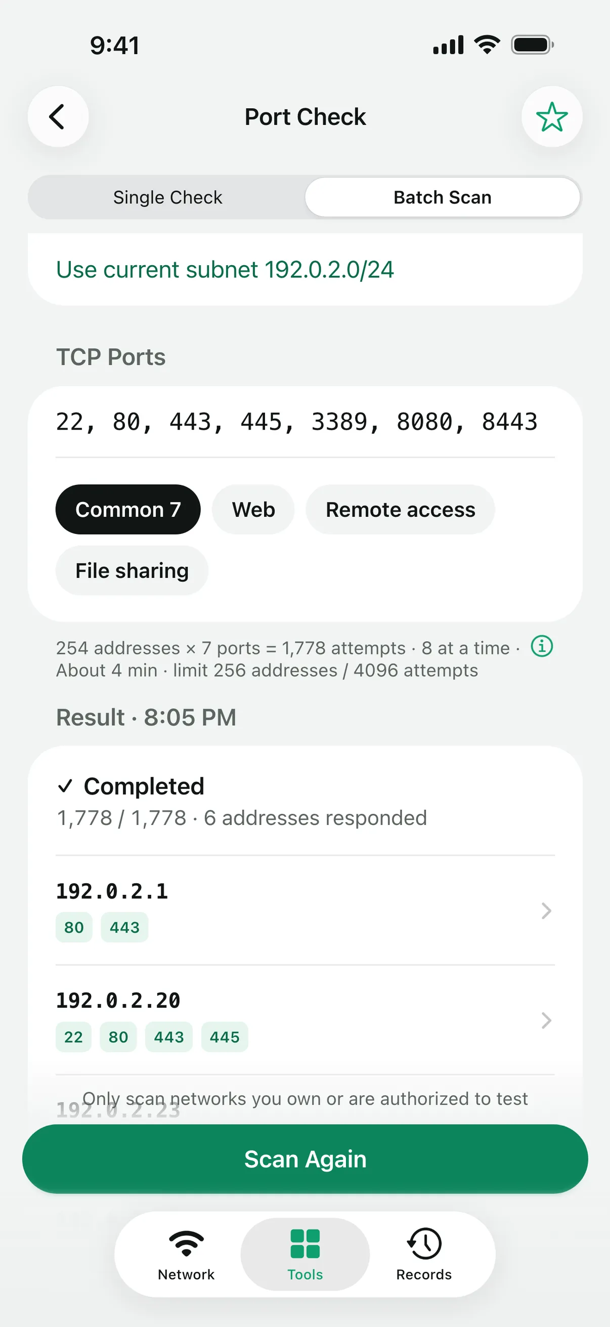 A finished batch scan of a /24 subnet with seven common ports