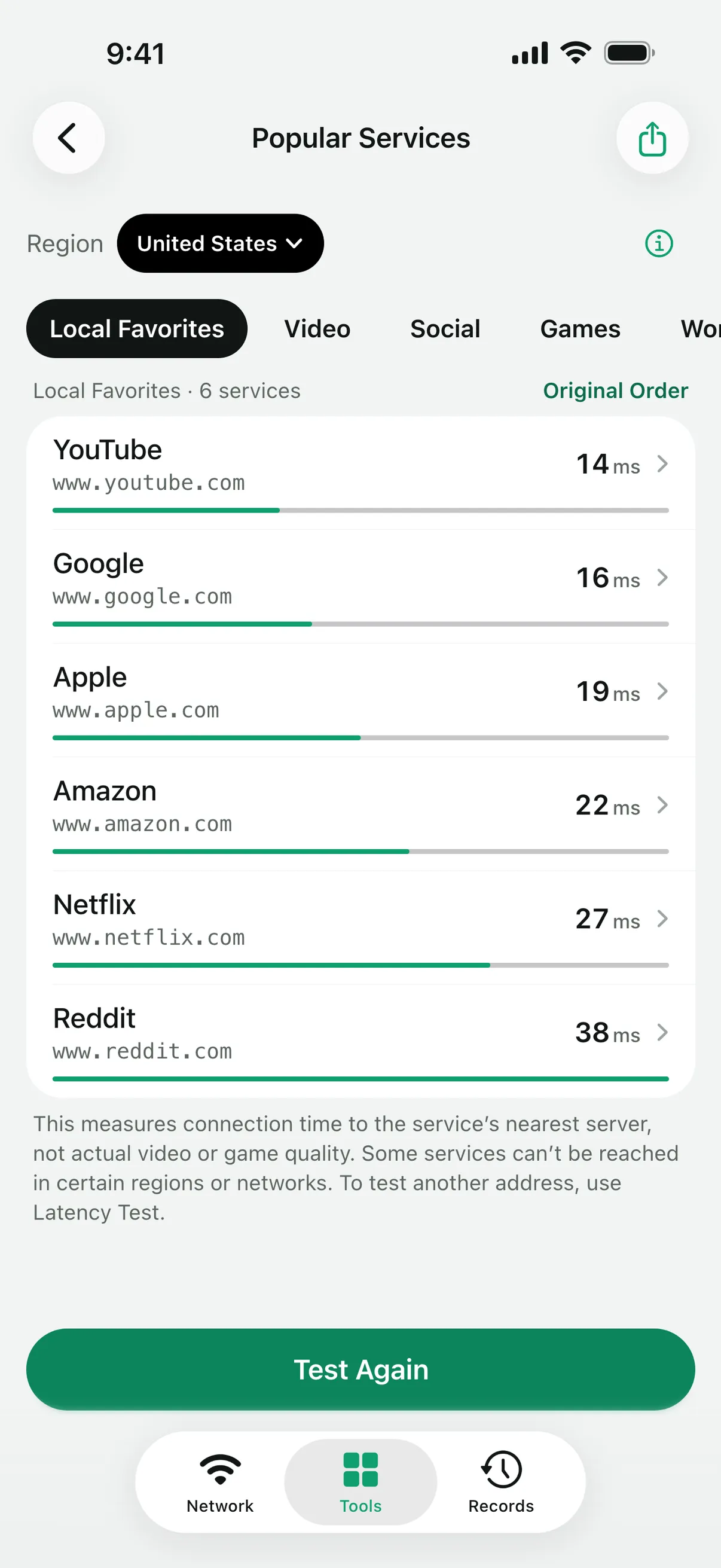 Popular Services after testing the Local Favorites group, sorted by connection time