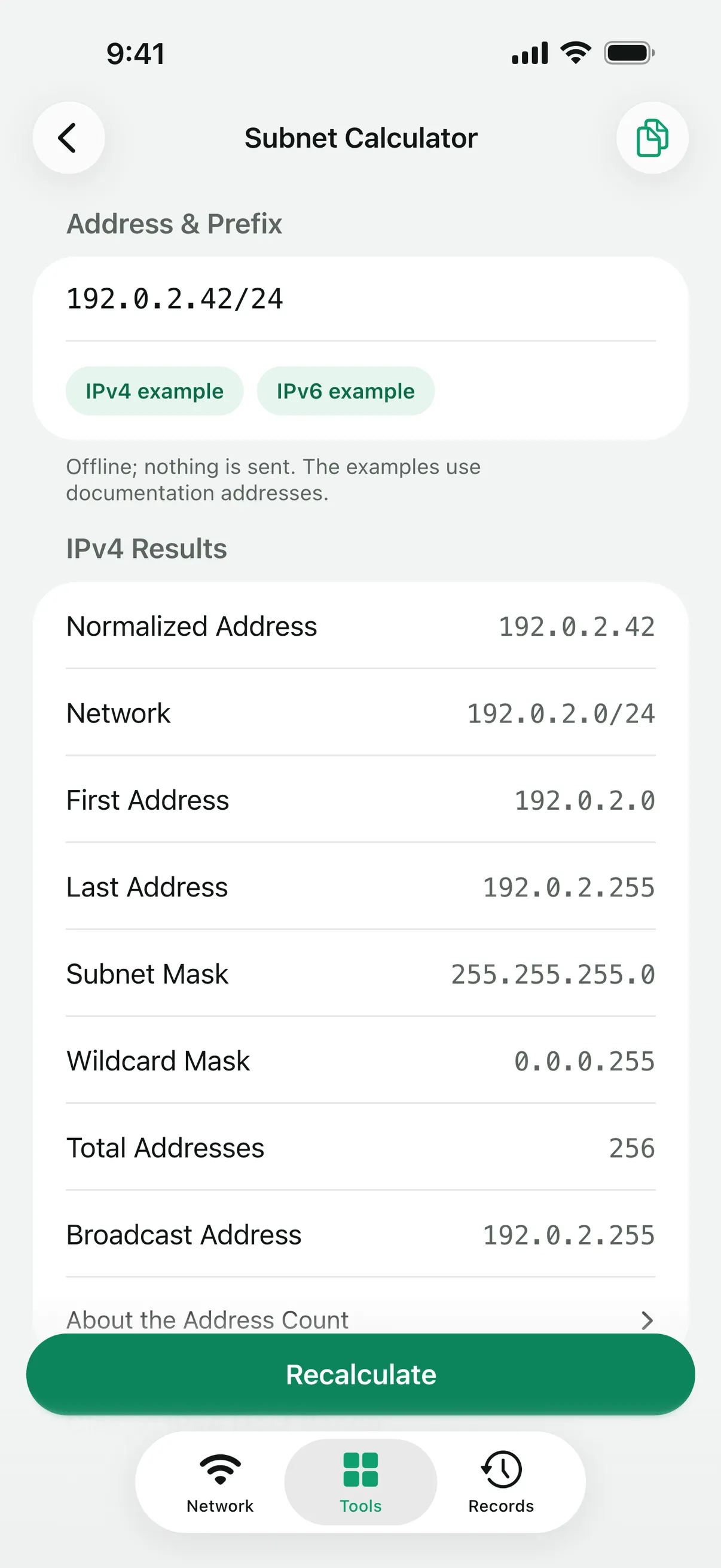 Subnet Calculator results for an IPv4 /24 network