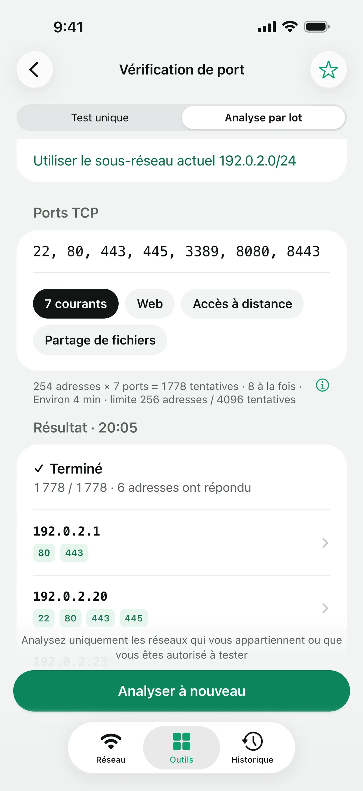 Une « Analyse par lot » terminée sur un sous-réseau /24 avec sept ports courants