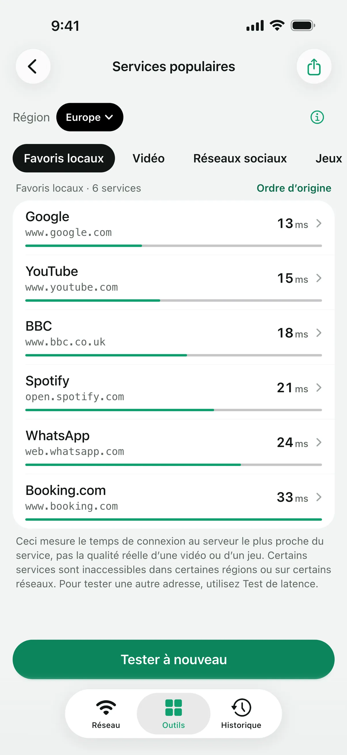« Services populaires » après le test du groupe « Favoris locaux », trié par temps de connexion