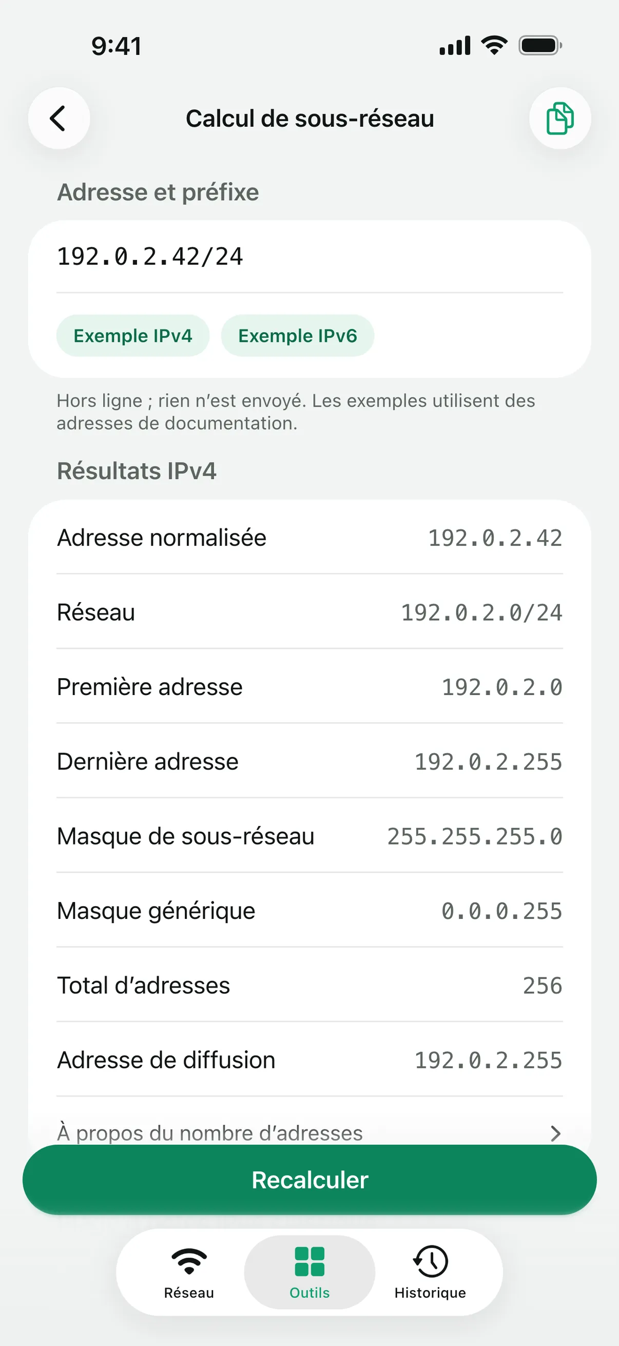 Résultats du « Calcul de sous-réseau » pour un réseau IPv4 /24