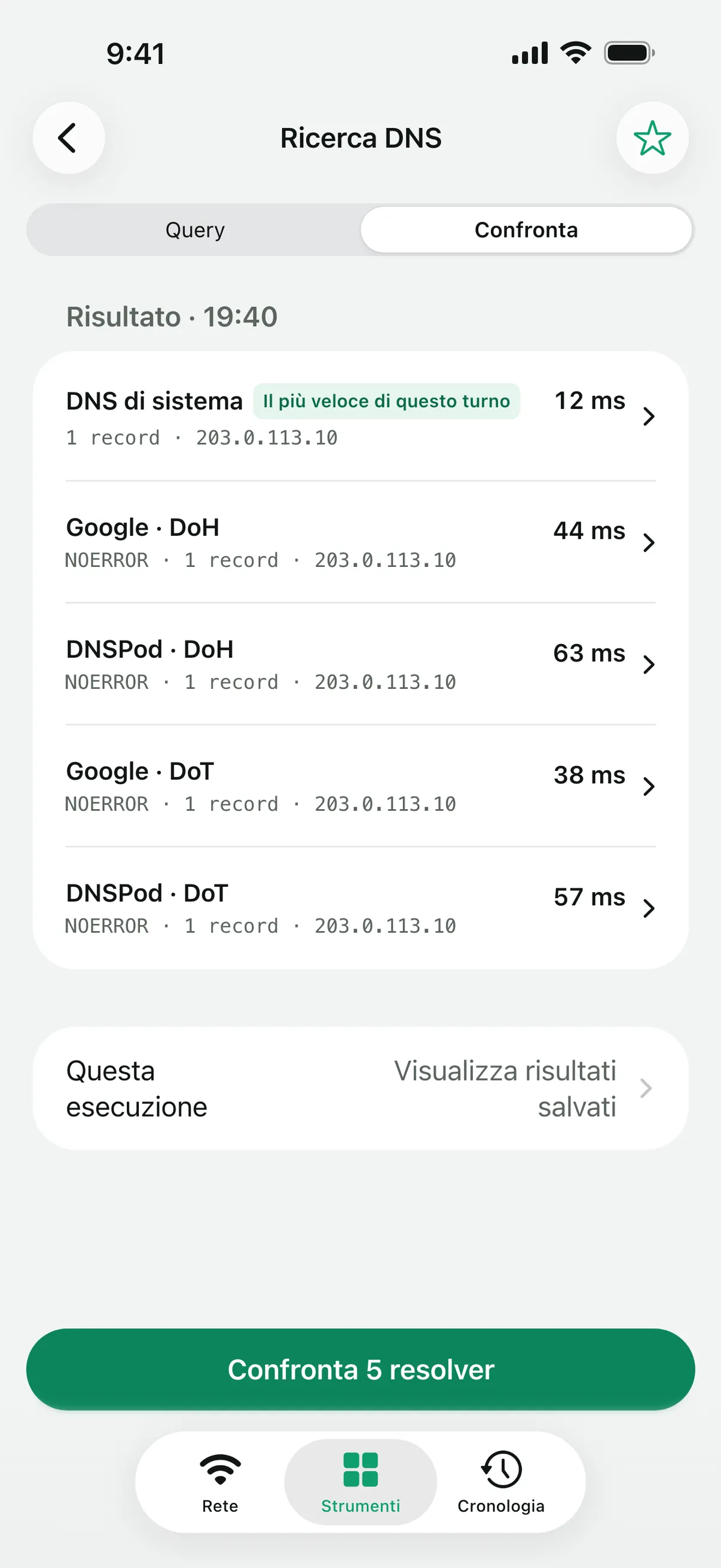 «Ricerca DNS» che confronta il DNS di sistema con Google e DNSPod tramite DoH e DoT