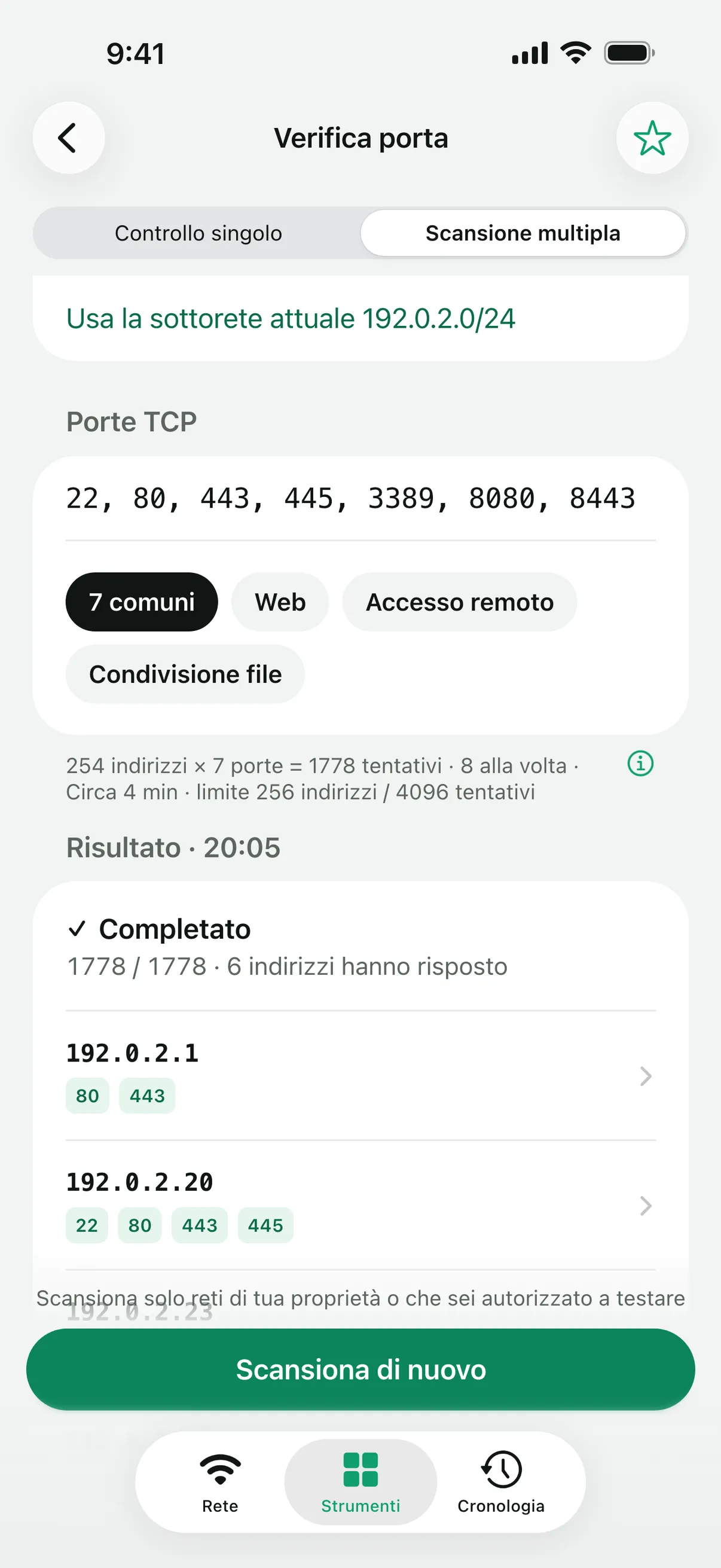 Una scansione multipla conclusa di una sottorete /24 con sette porte comuni