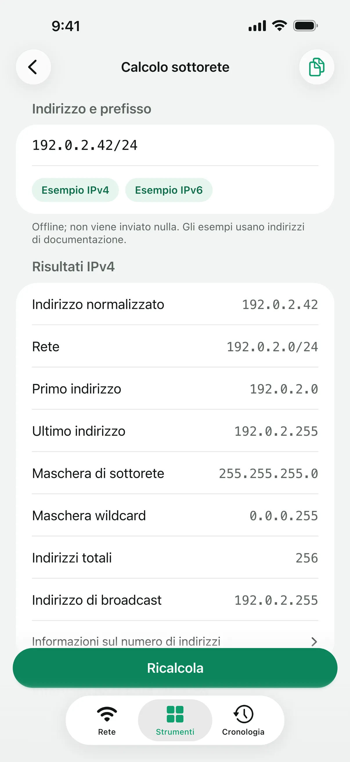 Risultati di «Calcolo sottorete» per una rete IPv4 /24