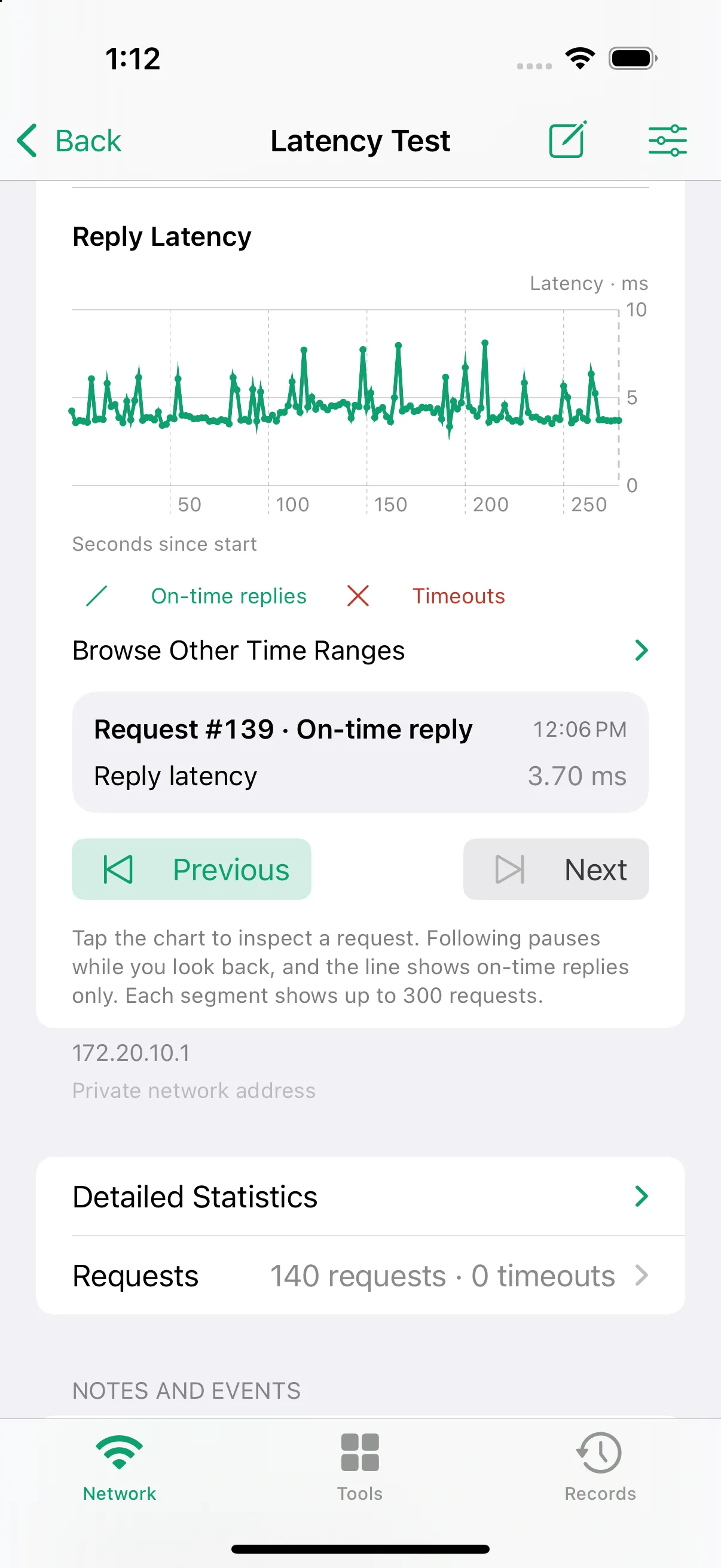 A latency test’s reply latency chart